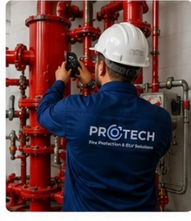 PROTECH technician inspecting a fire protection riser